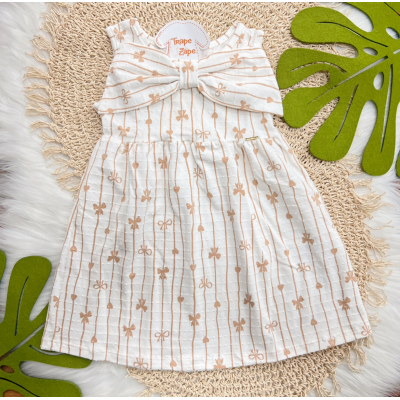 Vestido Ana Bola com Listras e Corações - Off White e Areia